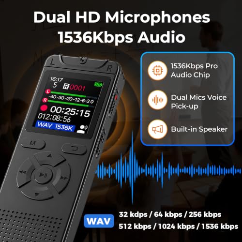 Cappsu Digital Voice Recorder with Playback, 32GB Built-in Memory Storage | Small Size, Voice Activated Recording, 1536Kbps Audio, A-B Repeat, Device Portable Mini for Lectures, Meetings, Interview etc