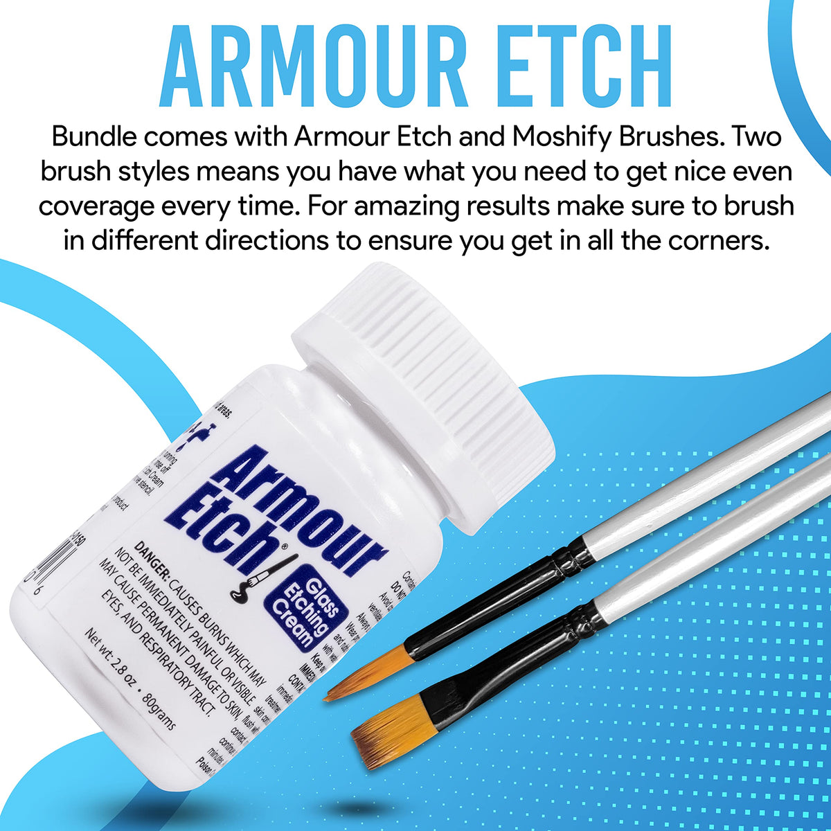 Armour Etch Glass Etching Cream 2.8oz Net Wt. Bundle with Moshify Brushes | Works with stencils to etch detailed designs on windows, mirrors and glassware for custom gifts and home décor projects