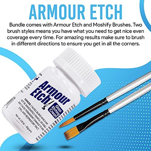Armour Etch Glass Etching Cream 2.8oz Net Wt. Bundle with Moshify Brushes | Works with stencils to etch detailed designs on windows, mirrors and glassware for custom gifts and home décor projects