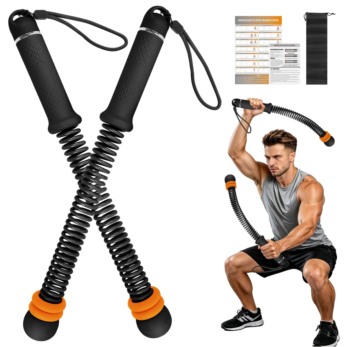 Weighted Cordless Battle Ropes – Adjustable Resistance Ropeless Battle Ropes for Home Gym with Non-Slip Handle, Portable Low-Noise Fitness Equipment for HIIT & Low-Impact Cardio Workouts – Black