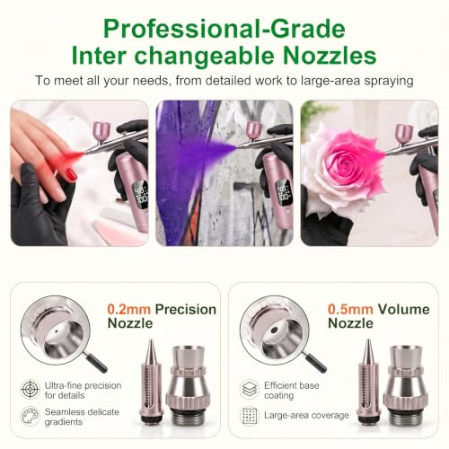 Cordless Airbrush Kit with Compressor, 48 PSI High Pressure, 3-Speed | 950mAh Rechargeable, 0.2/0.5mm Nozzles & 3 Cups, Non-Clogging, for Cake, Models, Makeup, Painting, Nail Art