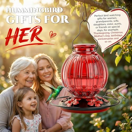 Glass Hummingbird Feeder for Outdoors Hanging, 26 fl oz Bird Nectar Feeder | 5 Metal Flower Feeding Ports, 360° Perch Ring, Easy Refill & Clean, Leakproof, Ideal for Backyard, Garden Outdoor Decor, Red