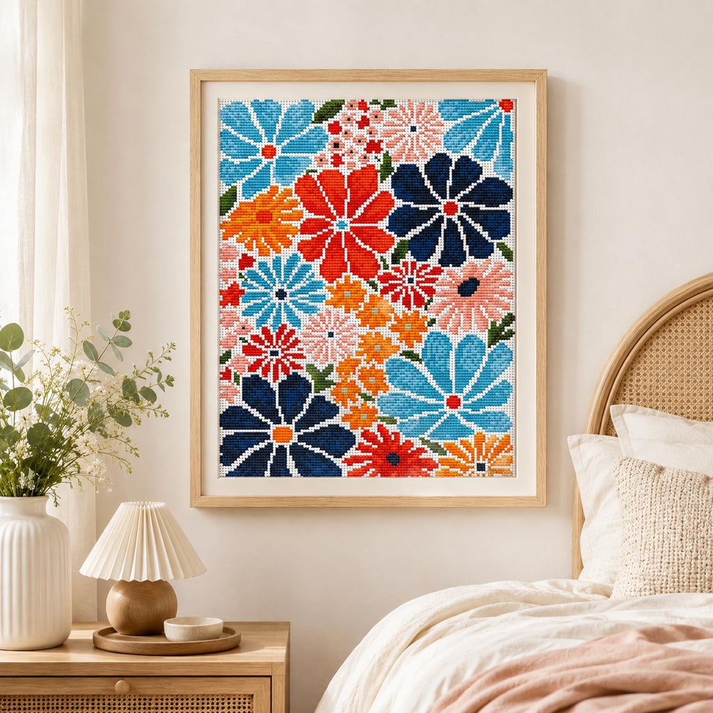 Stamped Cross Stitch Kits for Beginners-Modern Retro Floral,12x16in | 11CT Cross Stitch Kits for Adults,Partial Cross-Stitch Kit,DIY Arts and Crafts,Embroidery Kit for Adults Beginners,Frameless