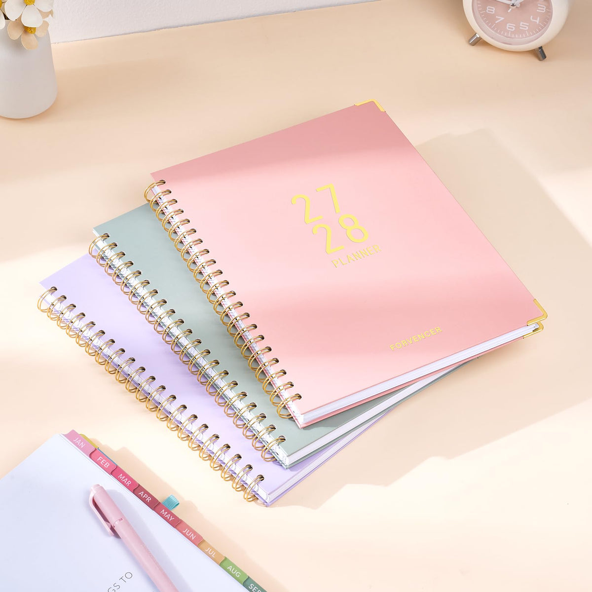 Forvencer Planner 2027-2028, 18 Month Calendar Planner, Jan 2027-June 2028 | 8.5"x11", Weekly and Monthly, Daily Agenda Book with Tab, Spiral Journal Organizer for Office Home Teacher School, A4, Pink