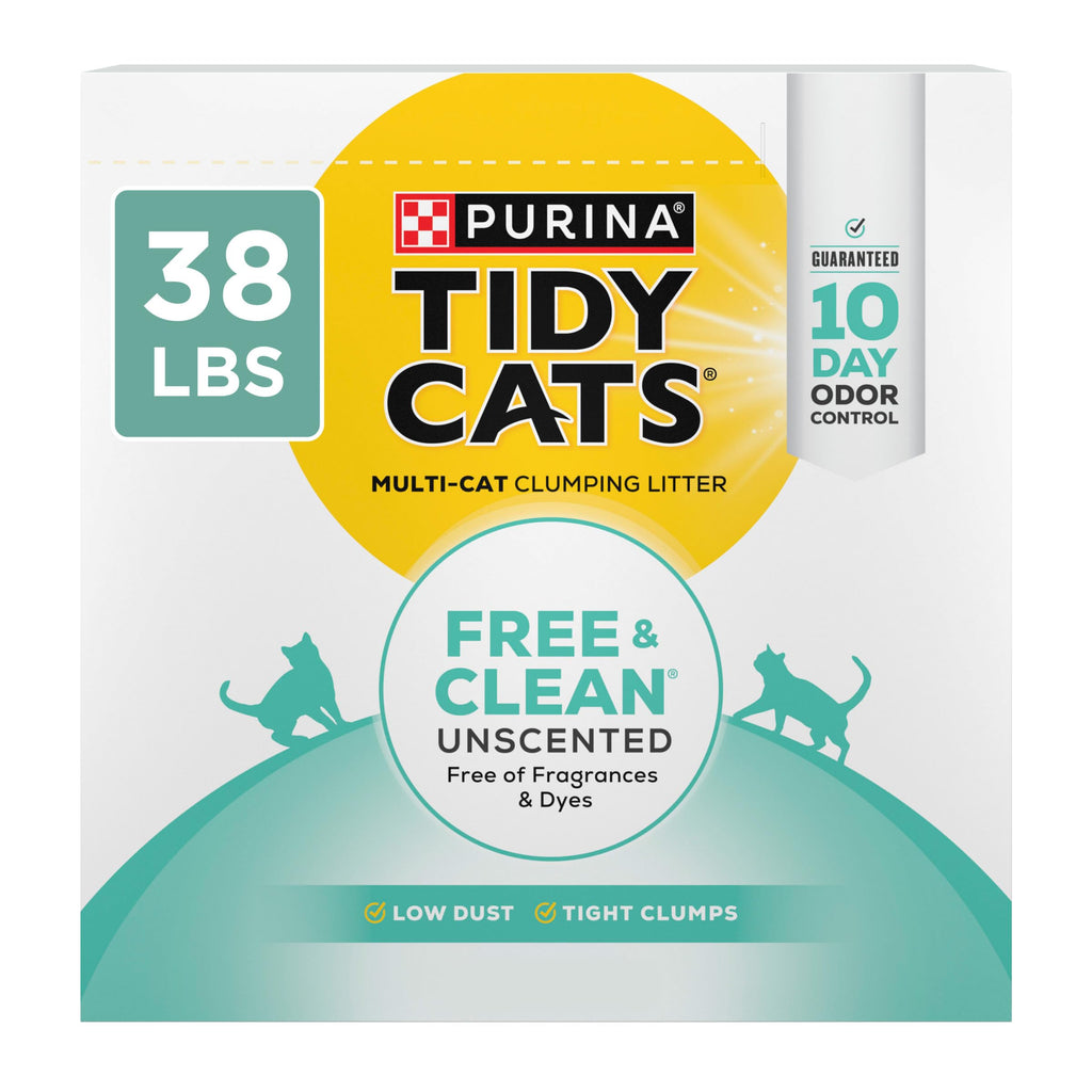 Purina Tidy Cats Free and Clean Unscented Clumping Cat Litter, 38 lb Box | Activated charcoal delivers lasting odor control, made without fragrances or dye, clumping
