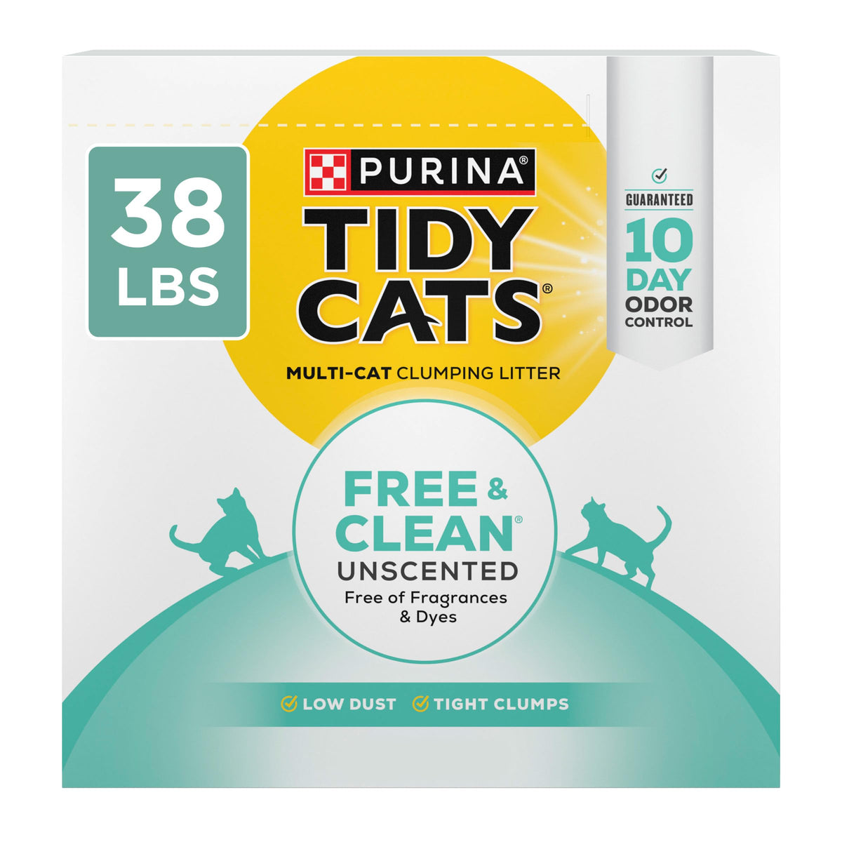 Purina Tidy Cats Free and Clean Unscented Clumping Cat Litter, 38 lb Box | Activated charcoal delivers lasting odor control, made without fragrances or dye, clumping