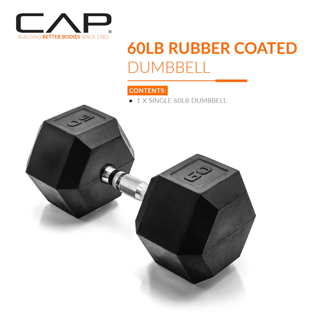 CAP Rubber Coated Dumbbell Weights, Free Weights for Home Gym Strength Training, Anti-Roll Hex Dumbbells with Black, Chrome & Comfort Grip Handles, Singles