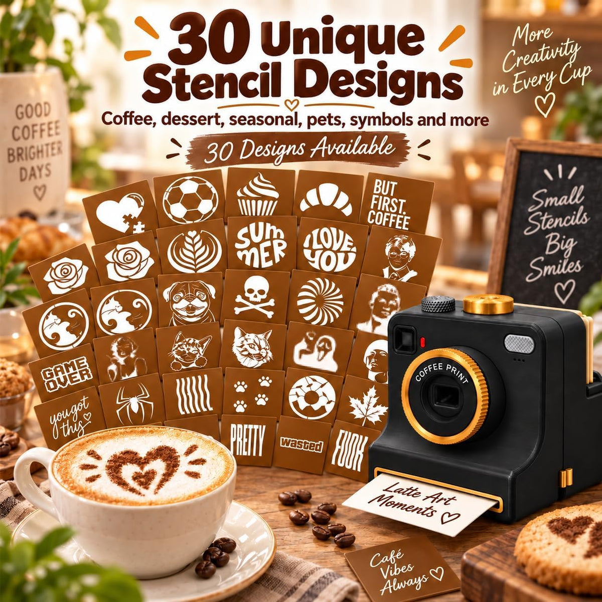 Manual Coffee Art Printer, Retro Camera-Style Latte Stencil Maker with 4/34 Random Pattern Cards, One-Press Powder Reusable Coffee Art Tool for Cappuccino, Foam Drinks，White：34 Random Stencils