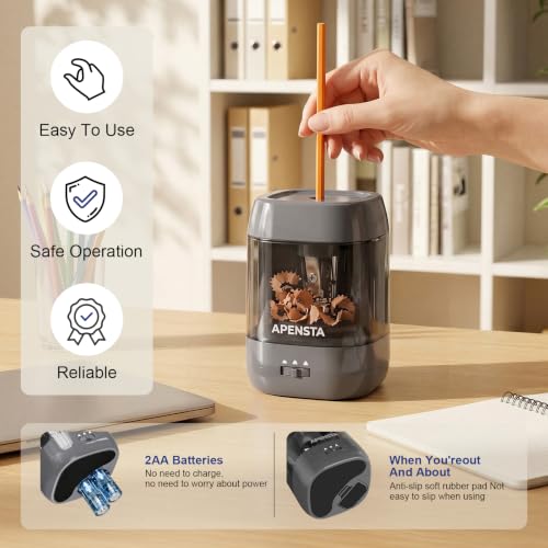 Apensta Electric Pencil Sharpener, Adjustable Tip | DC/Battery, 6-8mm, Colored Pencils, Compact Desktop, Easy Cleanup