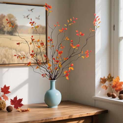 4 Pcs Fall Stems Artificial Ficus Branches Faux Eucalyptus Stems Fall Decor | 47.2 Inch Fake Leaves Fall Decorations for Home, Autumn Table Decor Fall Branches for Vase Filler Centerpieces