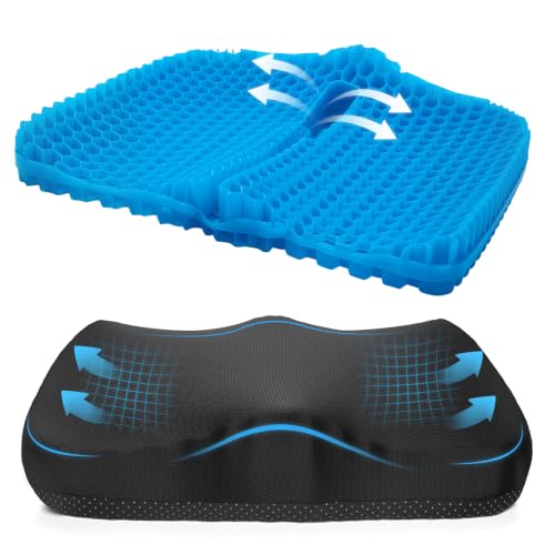 Zacro 3.5in Thick Gel Seat Cushion, Honeycomb Pad for Office Chair, Car | Cooling Gel Seat Cushion for Long Sitting, Ergonomic Hollow Center, Machine-Washable Cover, 16.5x14.6in
