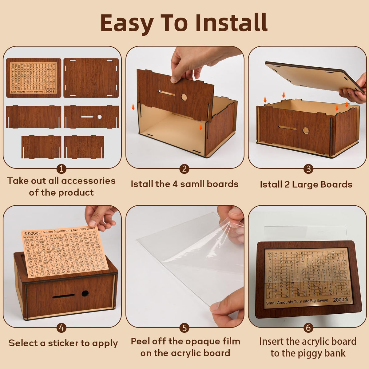 10000 Kakeibo Wooden Money Saving Challenge Box Cash Vault Piggy Bank for Adults Kids Savings Goals Smash Box Saver (10 Amounts)