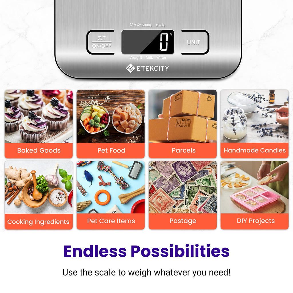 Etekcity Food Kitchen Scale, Digital Grams and Ounces, 11lb | Tare function, ideal for baking, weight loss, keto, meal prep, packages, liquids and jewelry, 304 Stainless Steel