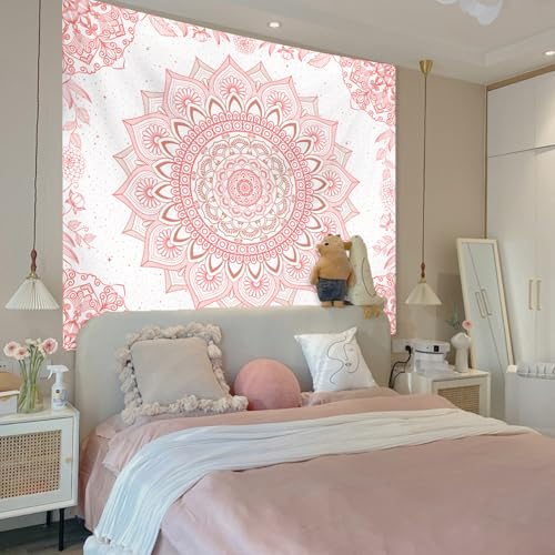 Apdidl Pink Boho Wall Tapestry for Bedroom,Mandala Bohemian Tapestries Girl | Girls Large Light Pink and White Cute Room Wall Hanging, Floral Hippy Flowers Teen Wall Decor Art Aesthetic for Dorm 51"X60"