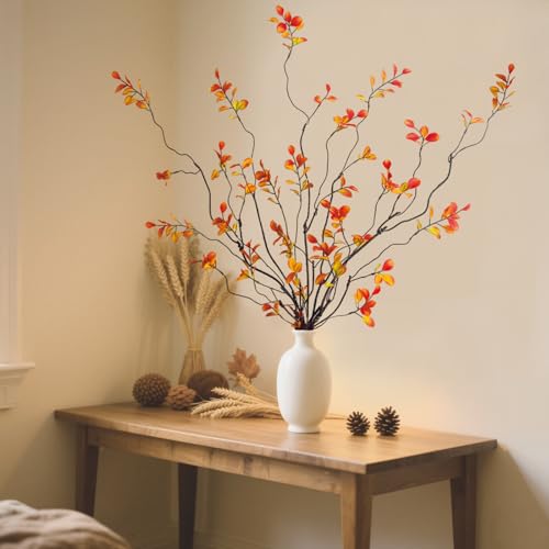4 Pcs Fall Stems Artificial Ficus Branches Faux Eucalyptus Stems Fall Decor | 47.2 Inch Fake Leaves Fall Decorations for Home, Autumn Table Decor Fall Branches for Vase Filler Centerpieces