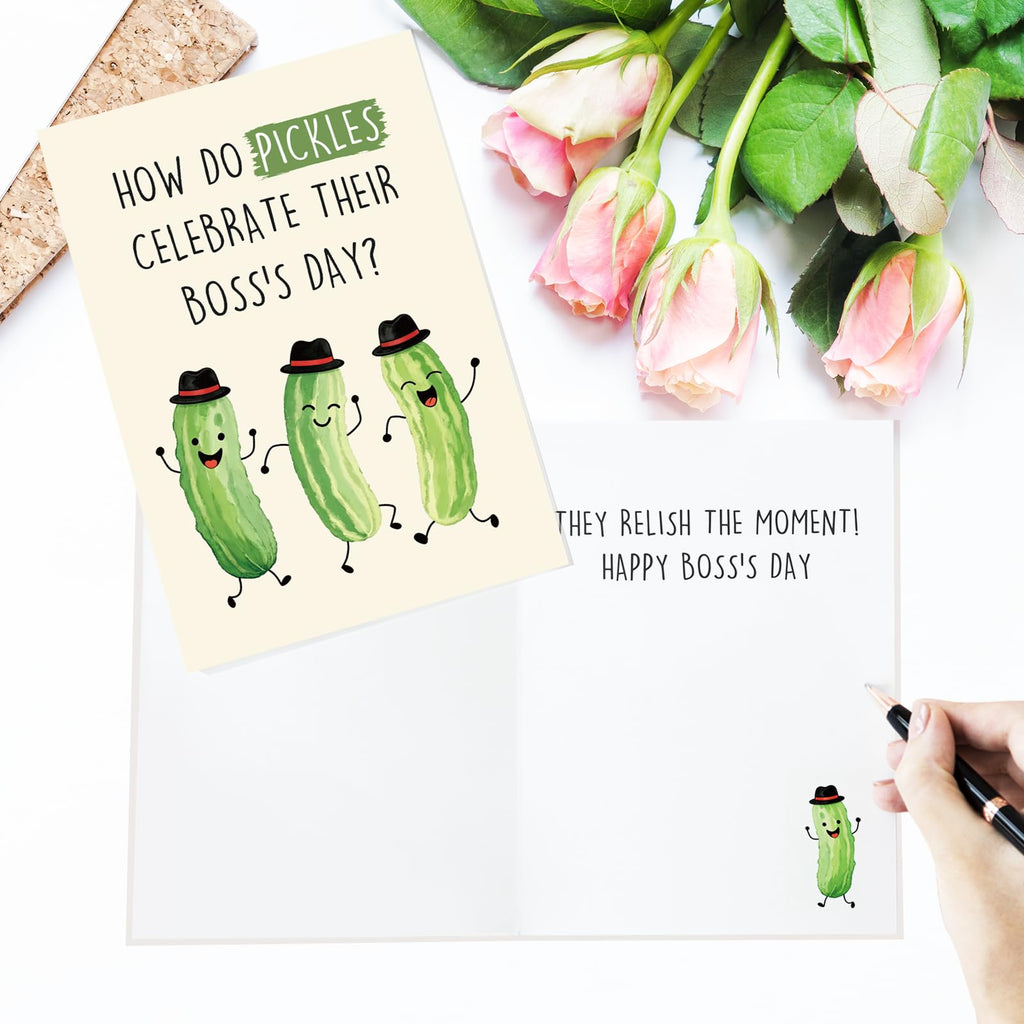 Funny Pickle Pun Boss's Day Card for Boss,Boss's Day Card Gift for Him Her. | Cute Pickle Boss Day Card, Humorous Workplace Joke Card for Boss with Golden Envelope