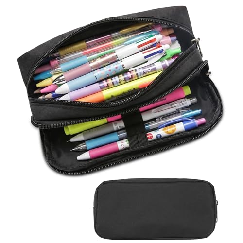 Della Gao Large Pencil Case, Big Capacity Pencil Pouch with 2 Compartments | Office Pencil Bag with Zipper, Big Pen Case for Adults (01-Black)