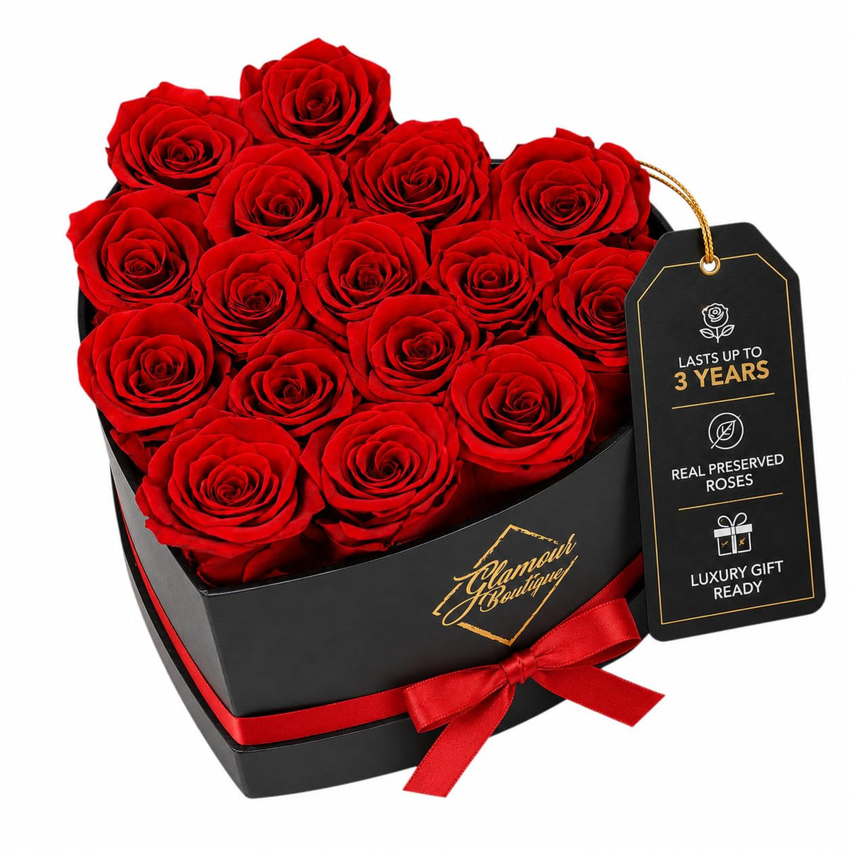 GLAMOUR BOUTIQUE Preserved Flowers, 16 Forever Red Roses in Heart Gift Box | Unique floral present for women, anniversary gifts for her, mom or wife, cute birthday idea, will you be my girlfriend box