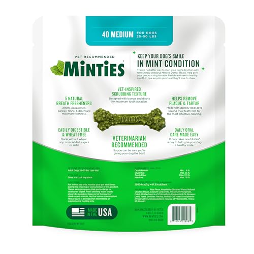 Minties Mint Dental Chews for Dogs, Medium Breeds 25-50 lbs, 40 Ct | Vet-recommended mint dental bone; scrubs teeth as dogs chew; fights plaque, tartar & bad breath; no soy/wheat/corn