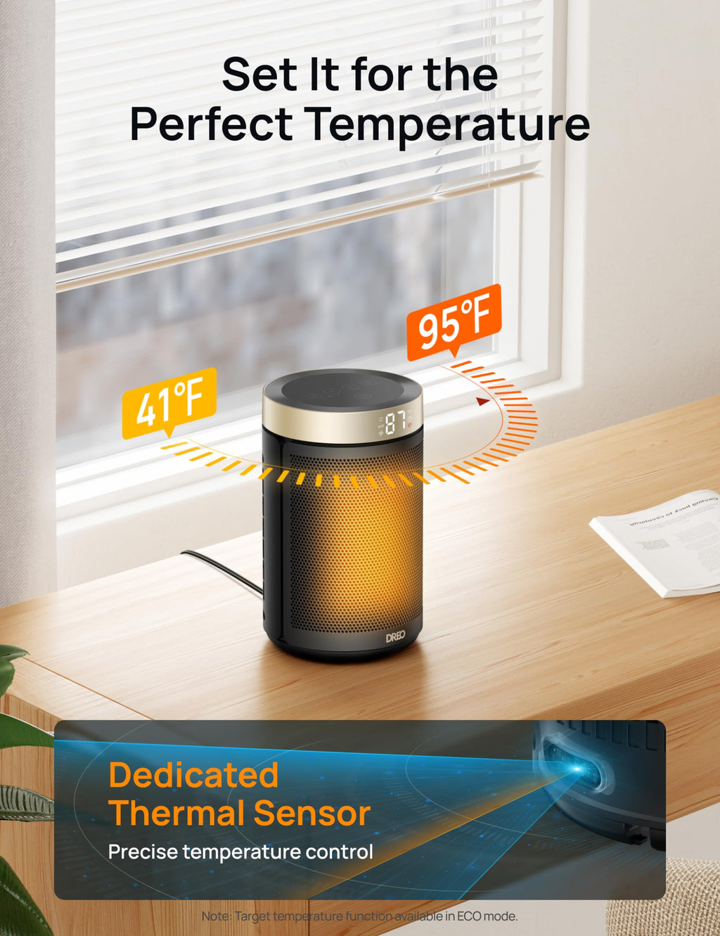 DREO Space Heater, Portable Electric Heaters for Indoor Use with Thermostat | 2026 Upgraded, 34dB Quiet, 12H Timer, 5 Mode, Remote, 1500W PTC Ceramic Fast Safety Heat for Office Bedroom Home, Gold