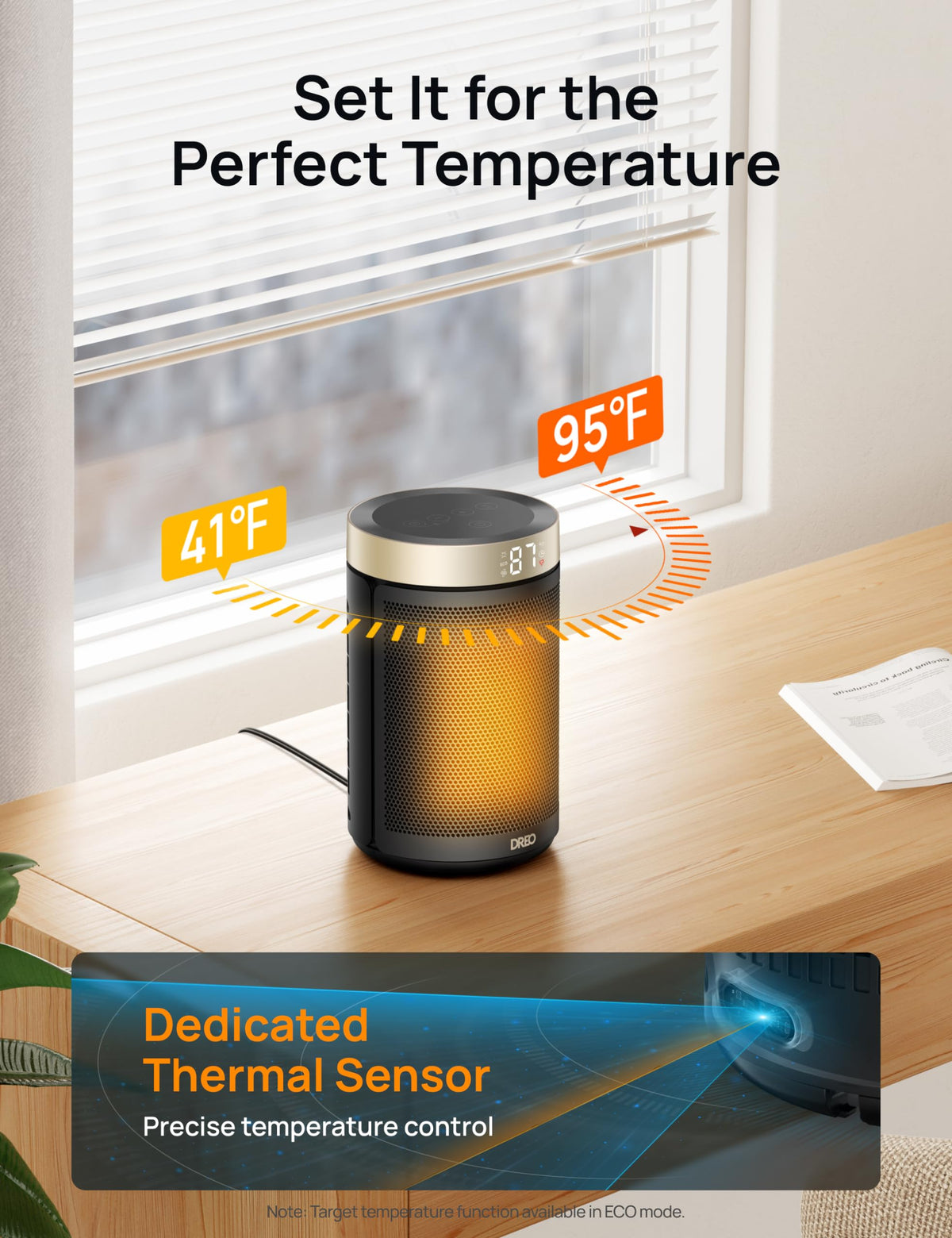DREO Space Heater, Portable Electric Heaters for Indoor Use with Thermostat | 2026 Upgraded, 34dB Quiet, 12H Timer, 5 Mode, Remote, 1500W PTC Ceramic Fast Safety Heat for Office Bedroom Home, Gold