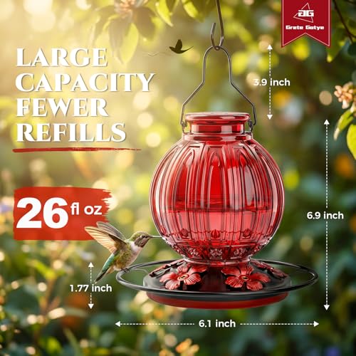 Glass Hummingbird Feeder for Outdoors Hanging, 26 fl oz Bird Nectar Feeder | 5 Metal Flower Feeding Ports, 360° Perch Ring, Easy Refill & Clean, Leakproof, Ideal for Backyard, Garden Outdoor Decor, Red