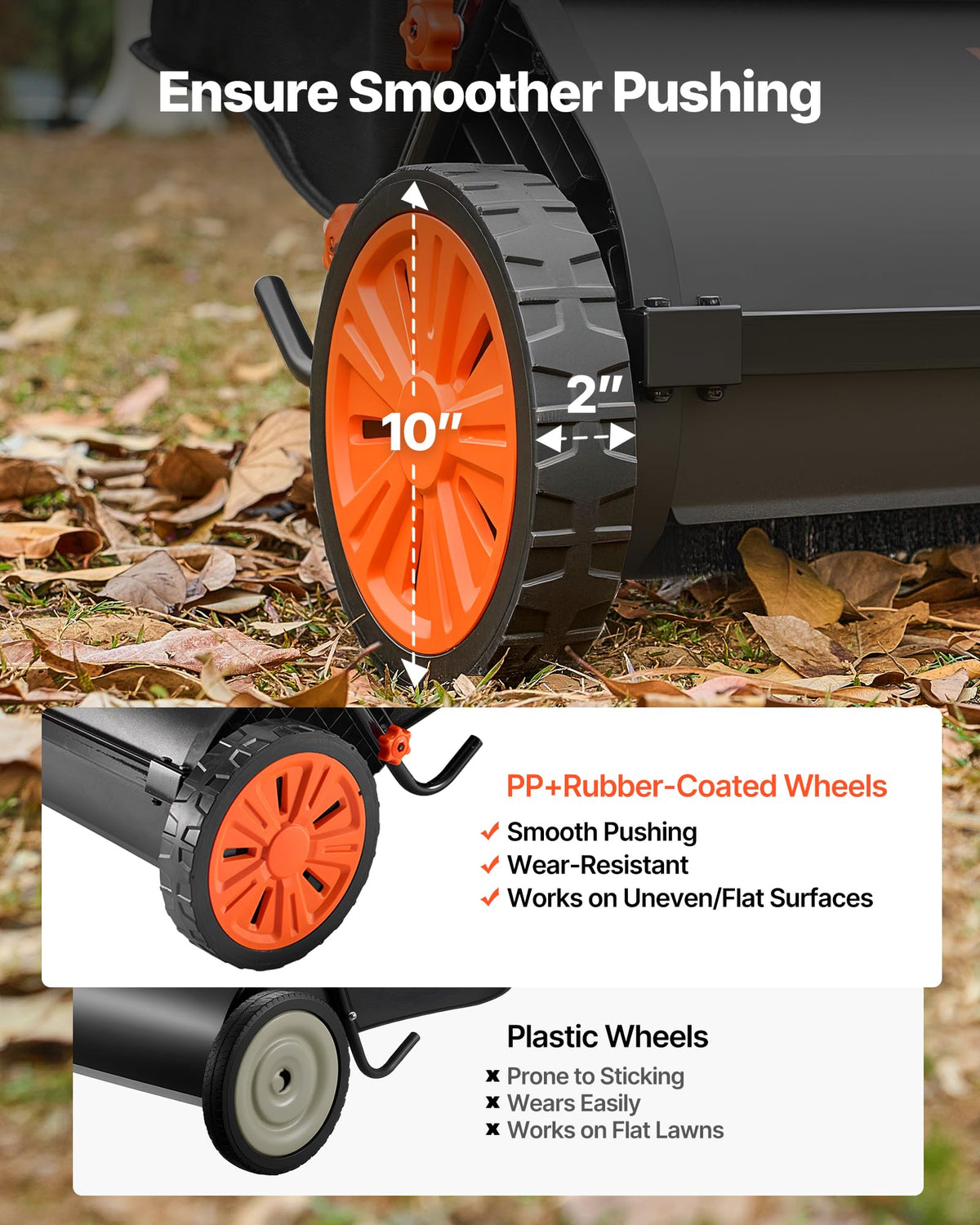 VEVOR Push Lawn Sweeper 26 in Leaf & Grass Collector 7 cu. ft. Hopper Bag | Heavy Duty Yard Sweeper with Adjustable Brush Height, Spinning Brushes, Rubber Wheels for Leaves Grass Cleanup, Black/Orange