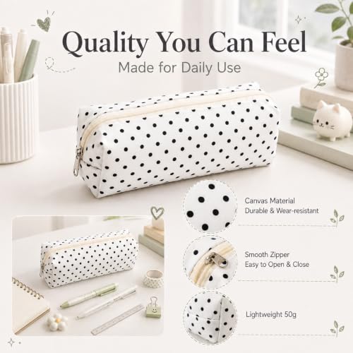 Polka Dot Canvas Pencil Case, Foldable Pouch for Stationery & Makeup, Black | Cute Polka Dot Canvas Pencil Pouch, Large Capacity Soft Aesthetic Pen Case Organizer for Supplies & Daily Use
