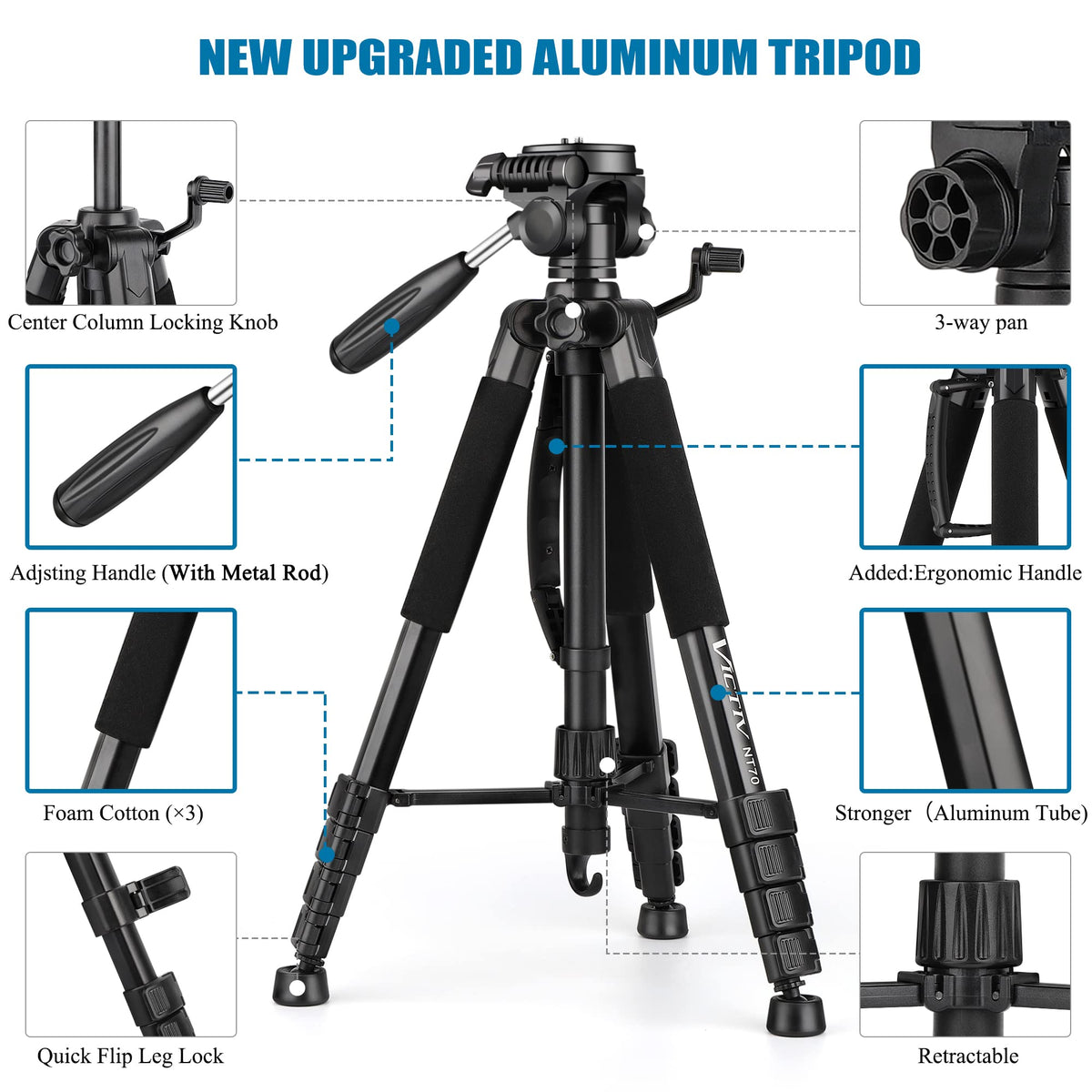 VICTIV 74” Camera Tripod, Tripod for Camera and Phone with Phone Holder | Aluminum Professional Tripod Stand for Canon Nikon with Carry Bag, Compatible with DSLR, iPhone, Spotting Scopes, Gopro