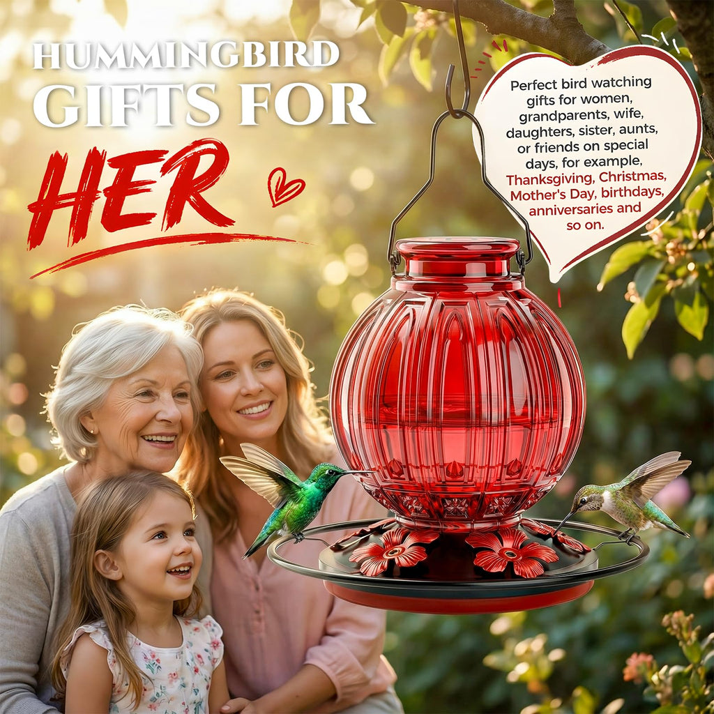Glass Hummingbird Feeder for Outdoors Hanging, 26 fl oz Bird Nectar Feeder | 5 Metal Flower Feeding Ports, 360° Perch Ring, Easy Refill & Clean, Leakproof, Ideal for Backyard, Garden Outdoor Decor, Red