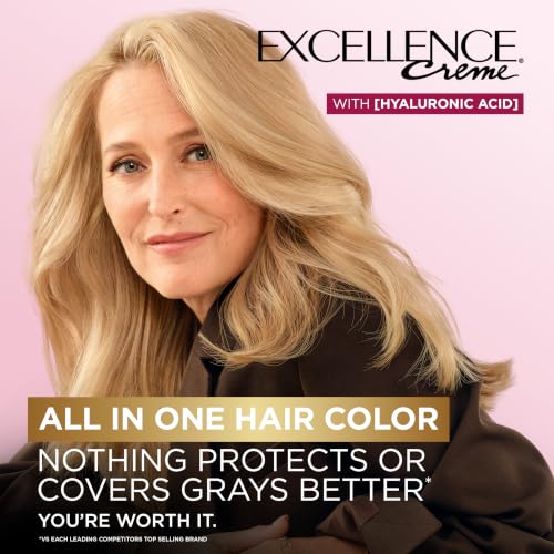 L'Oreal Paris Excellence Crème Permanent Hair Dye, Triple Care Hair Color with Hyaluronic Acid for 100% Gray Coverage, 4 Dark Brown, 1 Kit (Packaging May Vary)