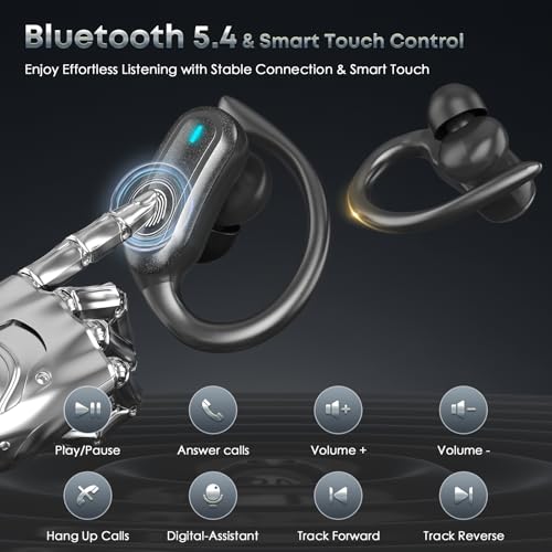 Wireless Earbuds Bluetooth Headphones, 54H Playtime Stereo Over Ear Buds with ENC Noise Cancelling, LED Power Display, IPX7 Waterproof Sport Earphones with Earhooks for Running/Workouts (Black)