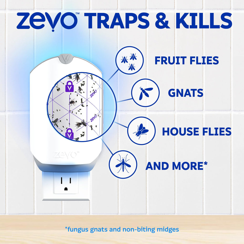 Zevo Flying Insect Trap for Fruit Flies & Gnats, 1 Plug-in Base & 3 Refills | Catches Fruit Flies & Gnats Near Fruit Bowls & Trash Bins, Spray-Free, Odor-Free, Blue & UV Light Trap, Safe for Kids & Pets*