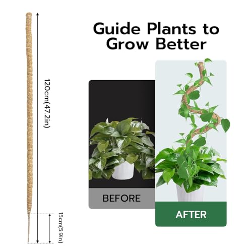 Mcbazel Bendable Moss Pole for Plants 47 Inch, Monstera Plant Support Stake with 7mm Aluminum Core, Coconut Coir Climbing Pole for Monstera Pothos Philodendron, Complete Kit with Ties & Rope