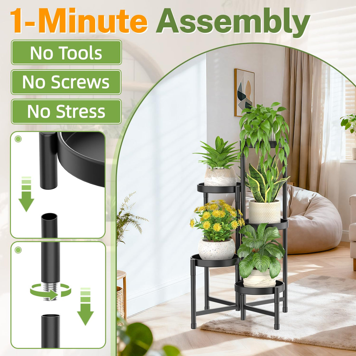 iDavosic.ly Plant Stand Indoor Outdoor, 5 Tier Metal Corner Shelf, Black | Tiered Flower Display Holder, Folding Multi Orchid Rack, Easy to Assemble, Space Saving Patio Balcony Porch Garden House