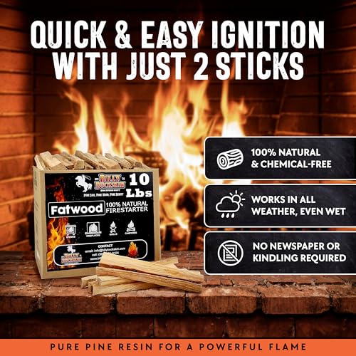 Billy Buckskin 10lb Fatwood Fire Starter Sticks, 100% Natural Firestarter | Lights when wet, For Campfires, Firepit, Fireplaces, BBQ & Wood Stoves, Easy Ignition with Just 2 Sticks, Camping Essentials