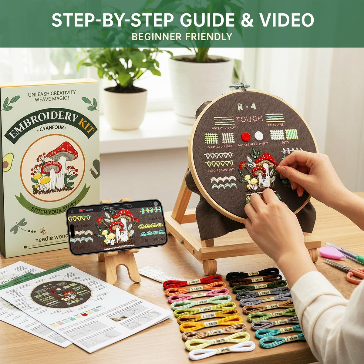 CYANFOUR Embroidery Kit for Beginners with Step-By-Step Guidance & Videos | 4 Stages to Learn 38 Stitches, Includes Multiple Accessories, Gift for Craft Lovers