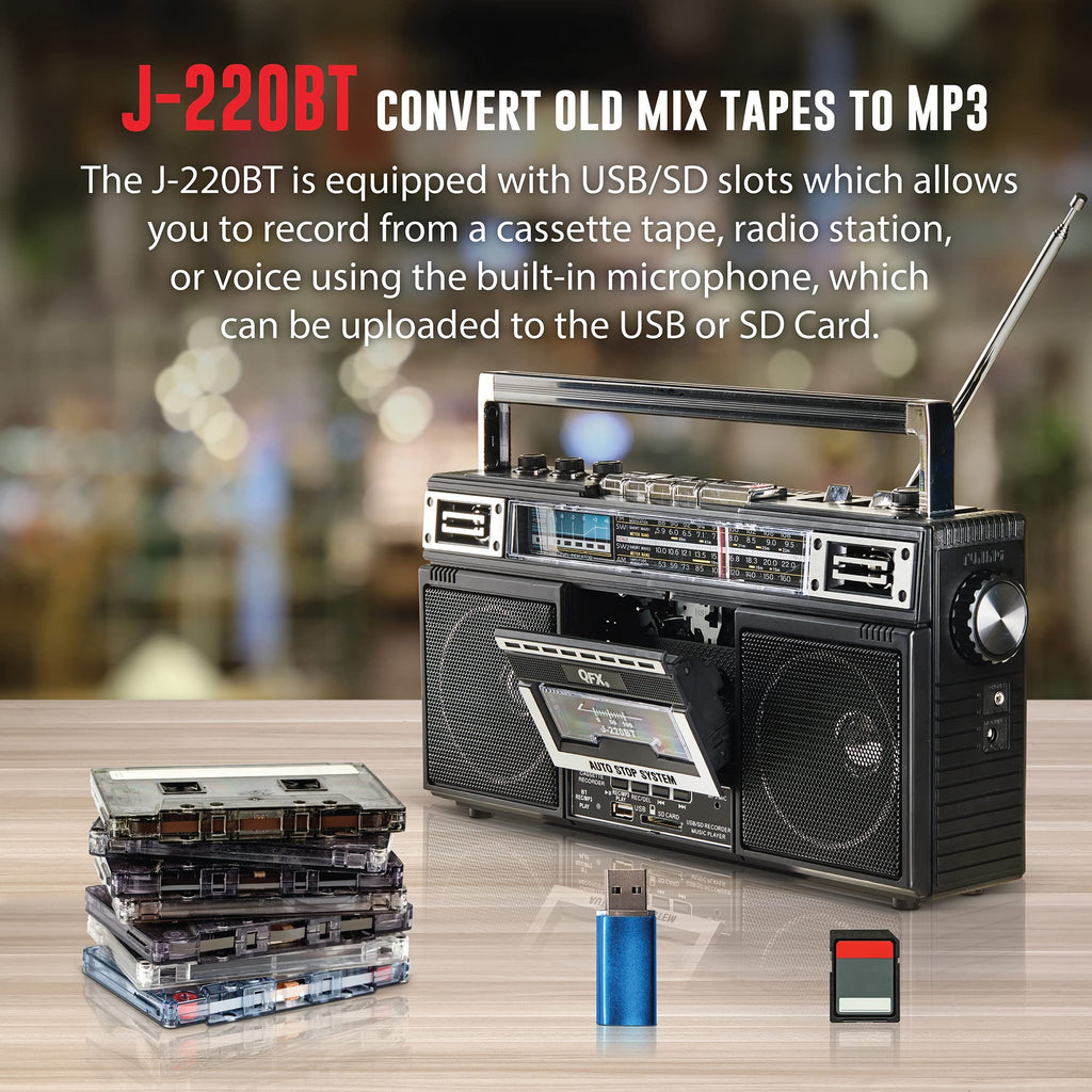 QFX Retro Bluetooth Boombox Cassette Tape Player Recorder, J-220BT, Black | Portable, Dual 3" Speakers, AM/FM/SW1/SW2 Radio, Rechargeable Battery, Built-In Mic, Recorder, 3-Band Equalizer