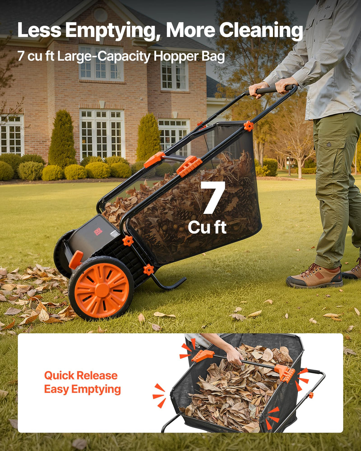 VEVOR Push Lawn Sweeper 26 in Leaf & Grass Collector 7 cu. ft. Hopper Bag | Heavy Duty Yard Sweeper with Adjustable Brush Height, Spinning Brushes, Rubber Wheels for Leaves Grass Cleanup, Black/Orange