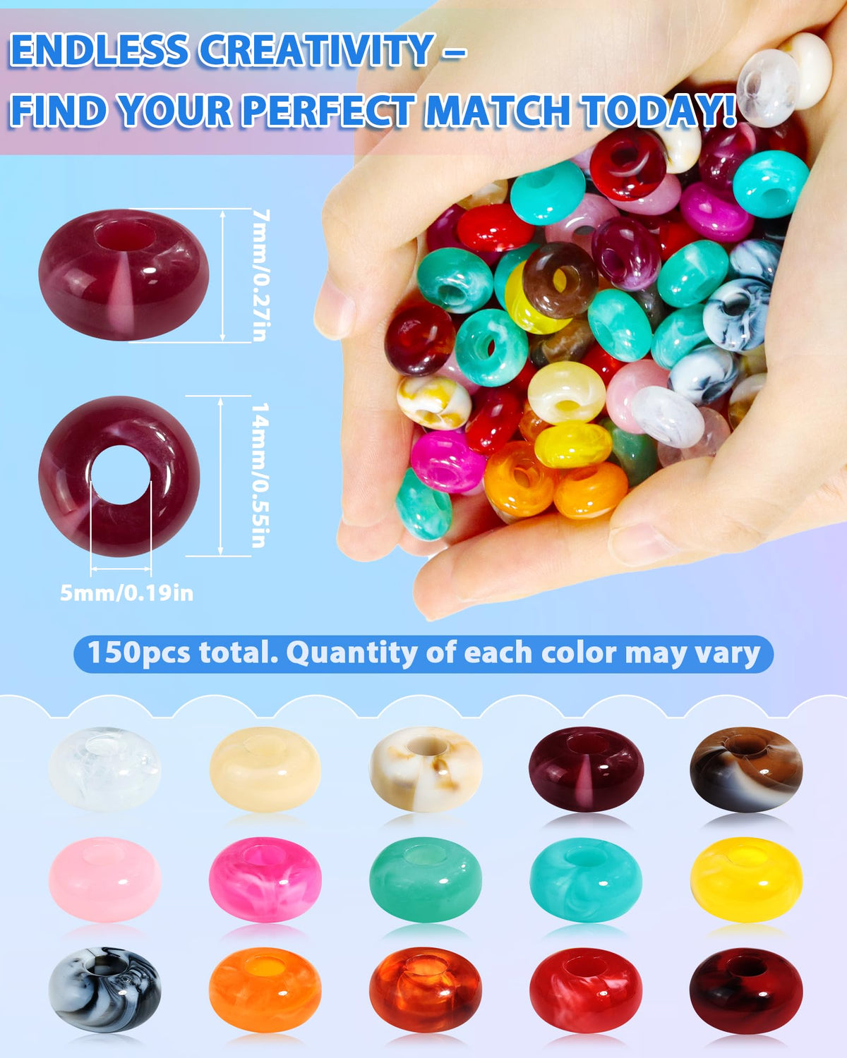 FIVEIZERO 150Pcs Acrylic Large Hole Beads for Carabiner Bag Charms，14mm | 15 Colors; Marbled Chunky Beads with 5mm Holes for Keychains Paracord DIY Beaded Bag Charm Beads Jewelry Making