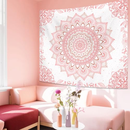 Apdidl Pink Boho Wall Tapestry for Bedroom,Mandala Bohemian Tapestries Girl | Girls Large Light Pink and White Cute Room Wall Hanging, Floral Hippy Flowers Teen Wall Decor Art Aesthetic for Dorm 51"X60"
