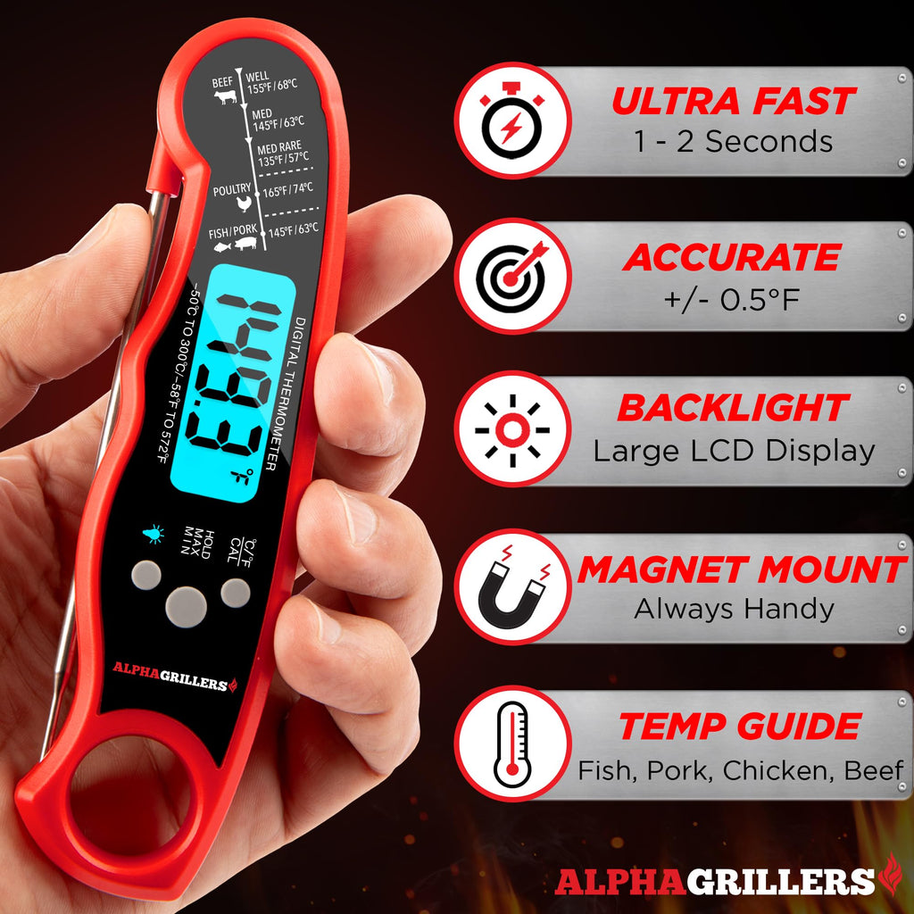 Alpha Grillers Instant Read Meat Thermometer Digital, Cooking, Food, Grill | 1-2 Second Ultra-Fast Response Time, Bright Backlit Display, Waterproof (IP67), Pre-Calibrated & Ready to Use