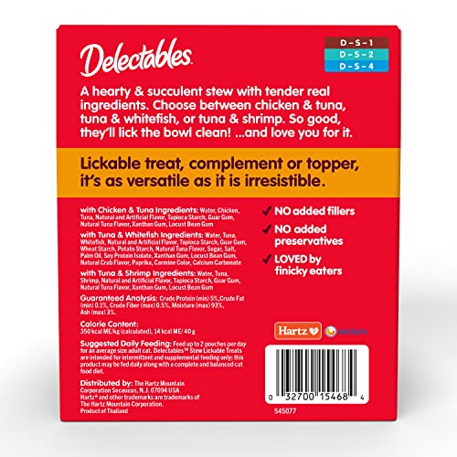 Delectables Lickable Treat Stew Wet Cat Treat Variety Pack, Food Topper, Hydrating, Grain-Free, No Fillers, No By-Products, No Added Preservatives, 1.4oz Pouch, 12ct