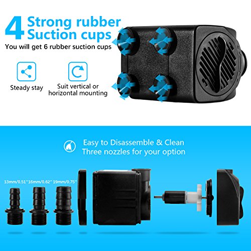 CWKJ 400GPH Submersible Fountain Water Pump with 6.5ft Tubing | 25W,1500L/H Ultra Quiet Outdoor Fountain Pump with 6.56ft High Lift, 6.5ft Power Cord, 3 Nozzles for Aquarium, Pond, Pool