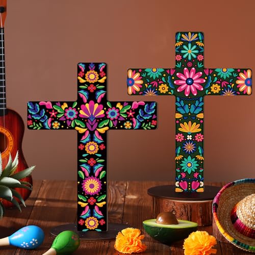 Pinkunn 2 Pcs Day of The Dead Cross Decor, Floral | 9 X12 in Hand Painted Wooden Dia De Los Muertos Cross, Mexican Altar Ofrenda Decor, Spanish Crucifix, Home Church Centerpiece