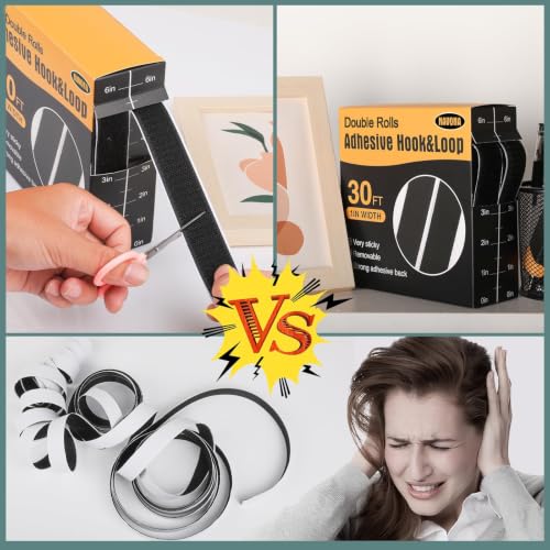 Navona 30Ft x 1 Inch Heavy Duty Hook and Loop Strips with Adhesive, Black | Extra-Strong Hold, Measuring Scale Liner, Bonus Scissors, Durable Nylon Hook & Loop Tape, Ideal for Home, Office & DIY