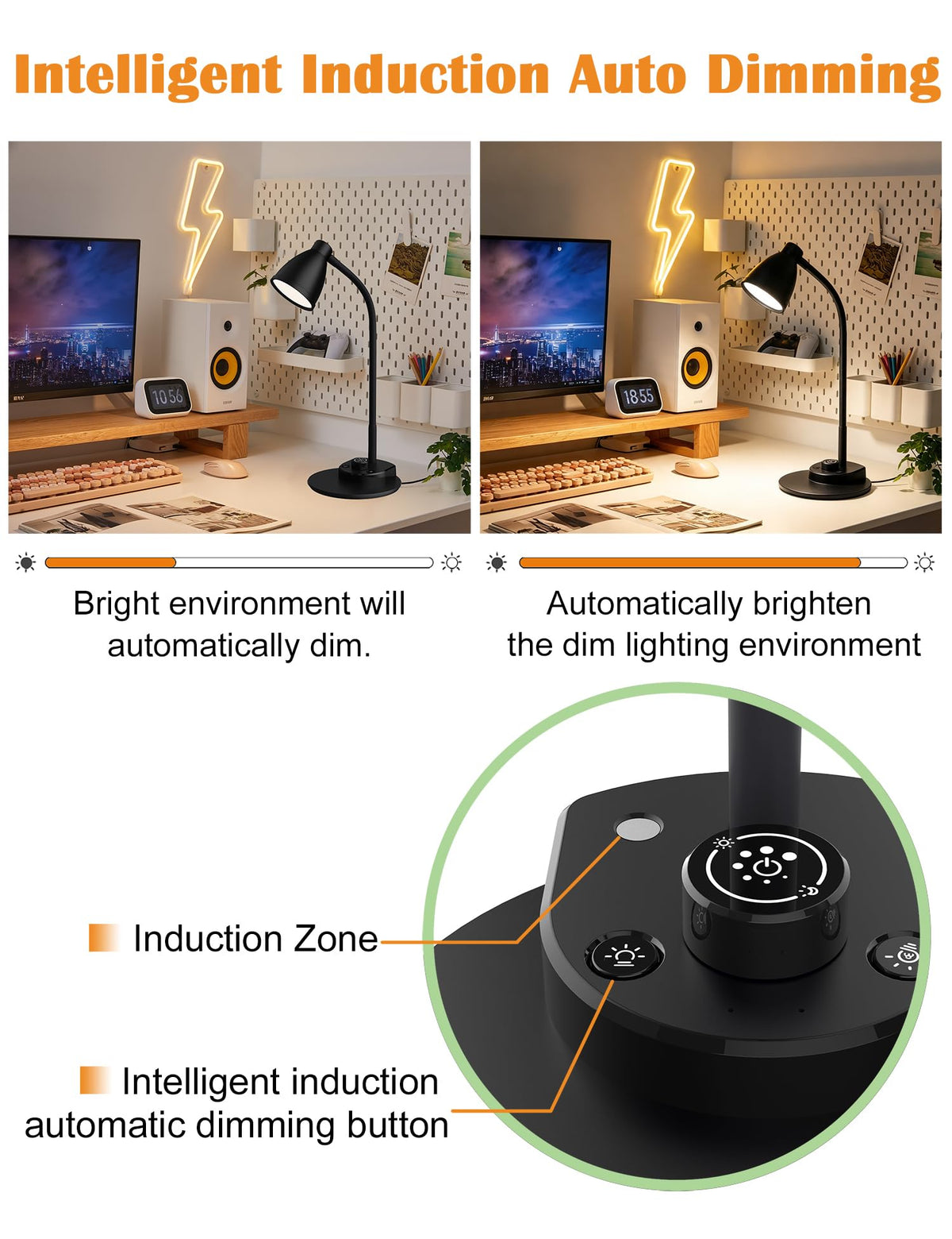 BOHON LED Desk Lamp with USB Charging Port 3 Color Modes Dimmable, Black | Reading Light Intelligent Induction Auto Dimming Task Lamp Neck Flexible Table Lamp for Bedside Office, AC Adapter Include