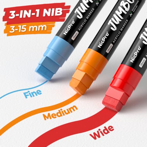 Nicpro 24 Colors Jumbo Poster Markers, 15MM Wide Tip Paint Marker | Large Acrylic Paint Markers for Canvas, Rock, Sign Lettering, Fabric, Window, Wood