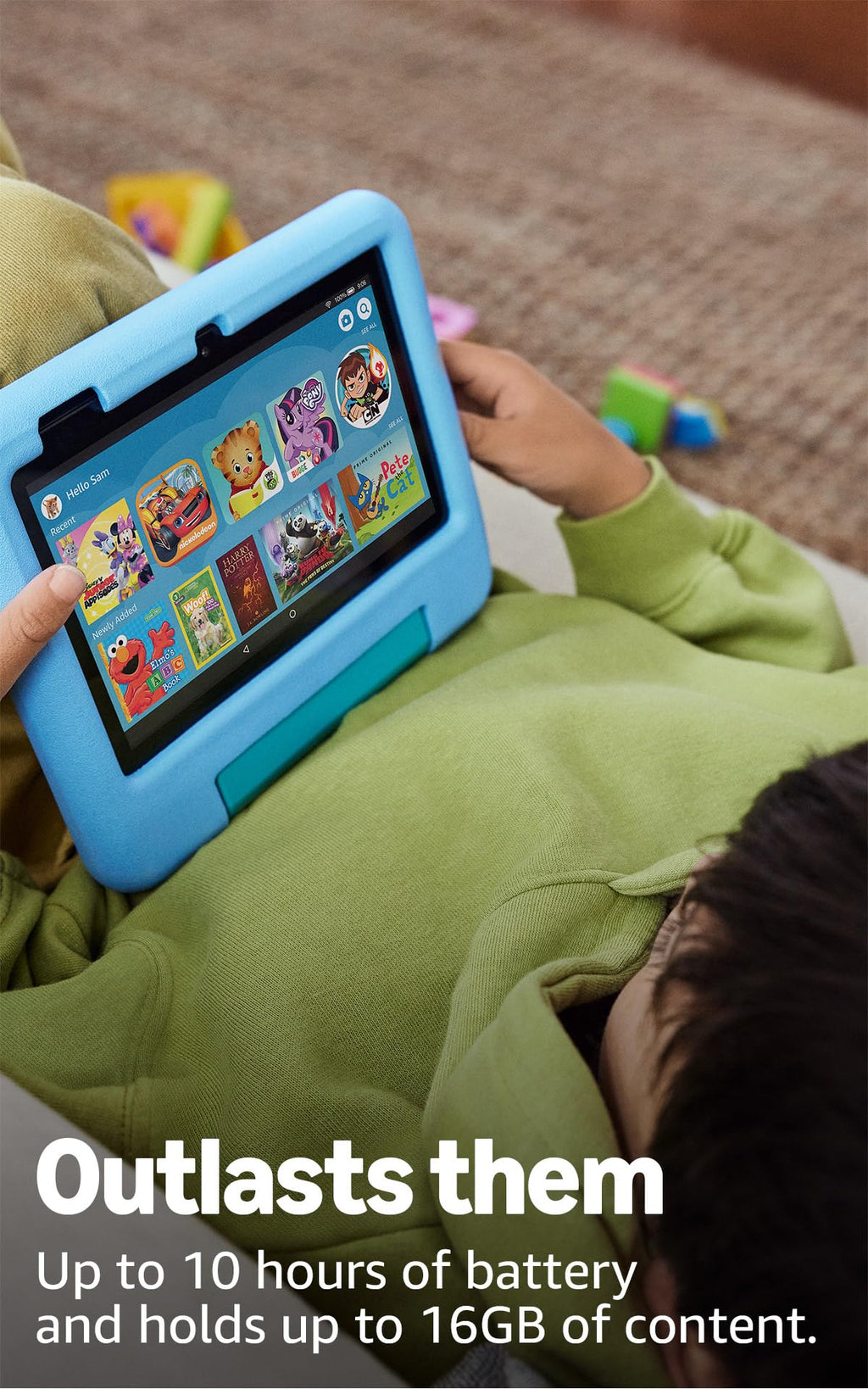 Amazon Fire 7 Kids tablet, ages 3-7. Top-selling 7" kids tablet on Amazon. Includes ad-free and exclusive content, easy parental controls, 10-hr battery, 16 GB, Blue
