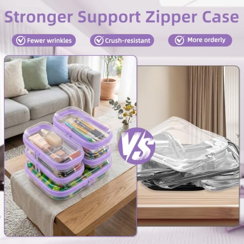CarryEpic Clear Hard Shell Zipper Cases (5 Packs), Plastic Hard Sided Zippers Pouches Clear Hardshell Pencil Case For Storage, Diaper Bag Organizer Bliss Bins 4*Small/1*Medium, Purple